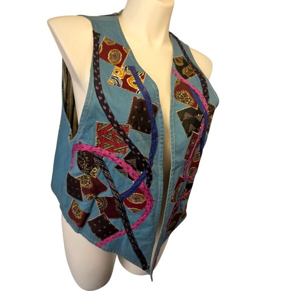 Handmade 80s Boho Reversible Vest Sz XL–2X Denim Patchwork Applique Stripe Cotto - Picture 2 of 10